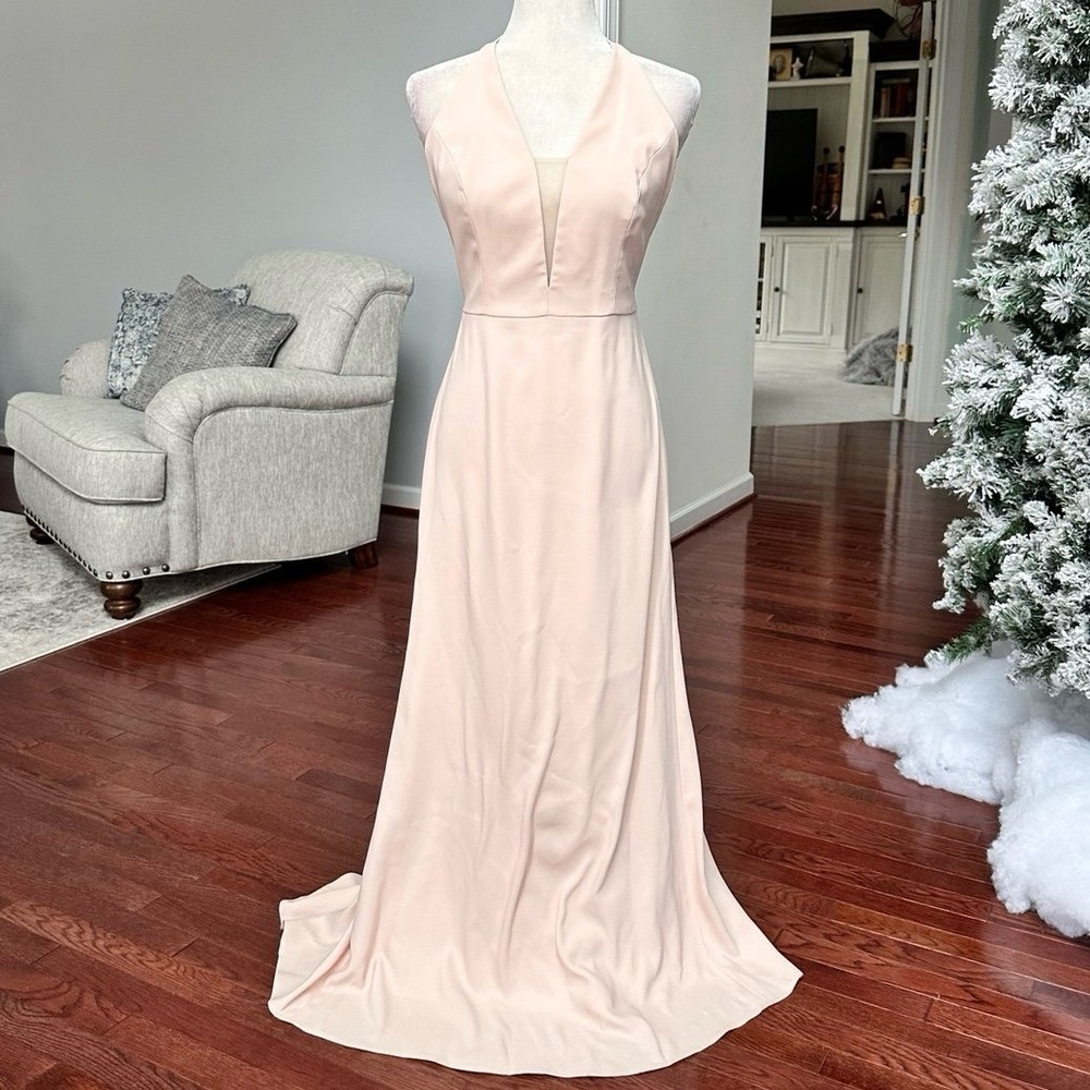 Bella Bridesmaids Cameo Beige Tan Plunge Neck Feminine Gown Maxi Dress Size 8R